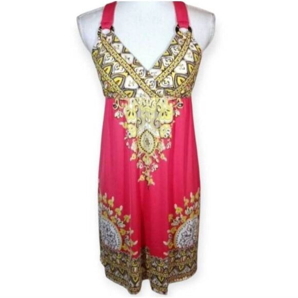 INC INTERNATIONAL CONCEPTS CORAL/PINK, YELLOW & WHITE DRESS WITH RHINESTONES SZ. - Picture 1 of 6